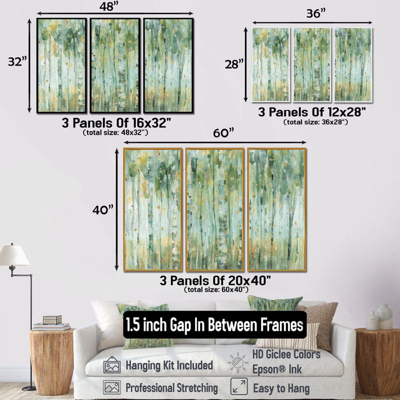 La forêt de bouleaux II - ensemble d'art mural sur toile encadré traditionnel de 3, H 32 po x l 48 po, Argent
