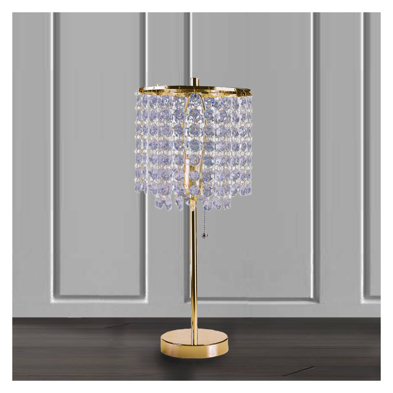 Lampe de table en cristal doré 19 pouces avec perles de cristal suspendues - Finition or polie pour les salons glamour et transitionnels