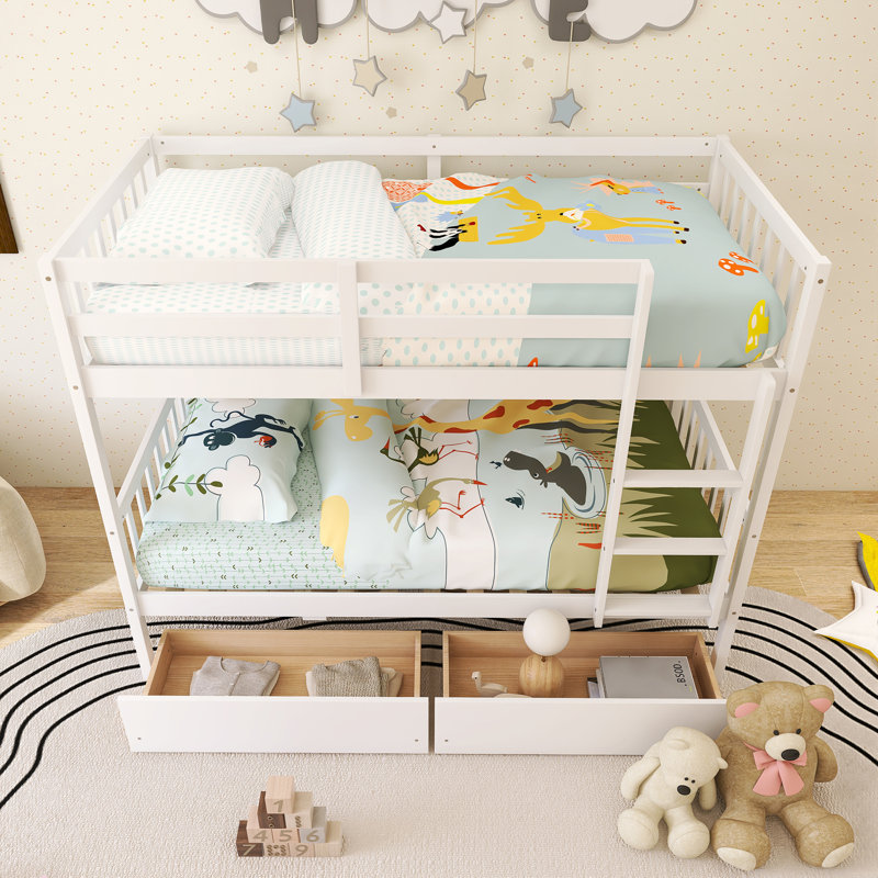 Wood Frame Twin Over Twin Size Bunk Bed With 2 Drawers,Ladder And Safety Guardrails, White