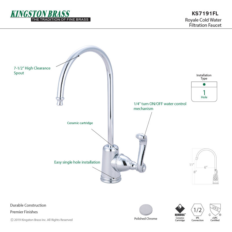 Kingston Brass Royale Single-Handle 1-Hole Deck Mount Water Filtration Faucet, Polished Chrome