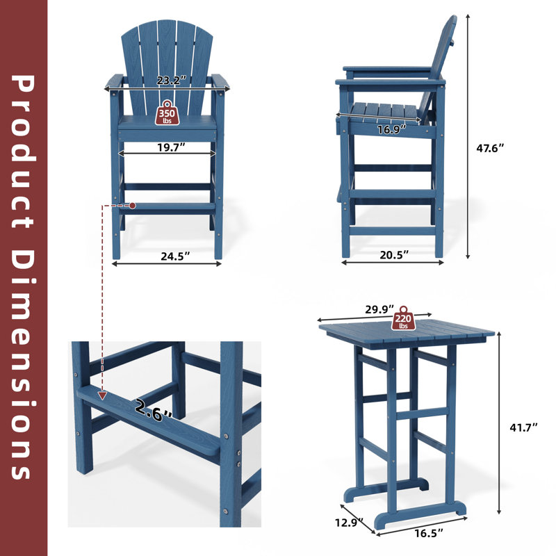 2-Person HDPE Square Outdoor Dining Set, Navy