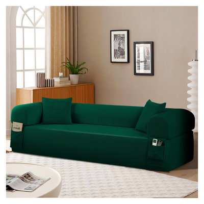 3-Seat Spring Sofa with Storage and Pillows, High-Density Foam Couch in Dark Green Fabric