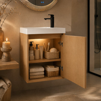 18.5 Inch Wall Mounted Bathroom Vanity with Resin Sink, Natural Wood Finish Single Door Floating Cabinet, Compact Vanity Set for Small Bathroom