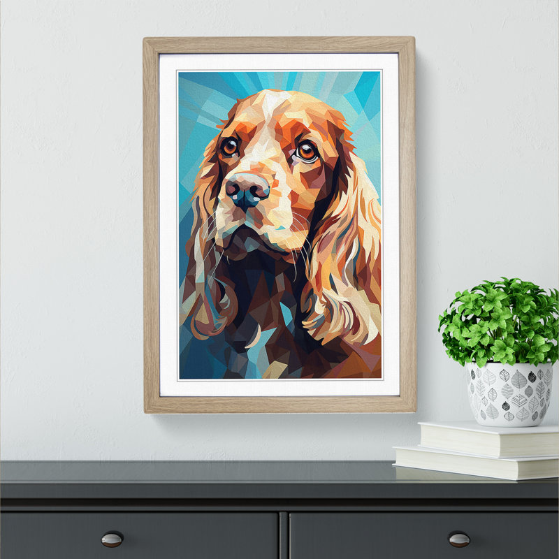 Cocker Spaniel Geometric - Single Picture Frame Print on Wood, 64cm H x 46cm W x 2cm D, Oak