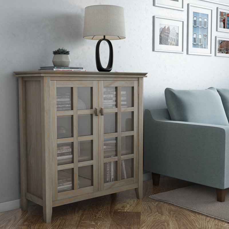Artisan 38"W Solid Wood Transitional Medium Storage Cabinet with Glass Doors and Adjustable Shelves, Distressed Gray