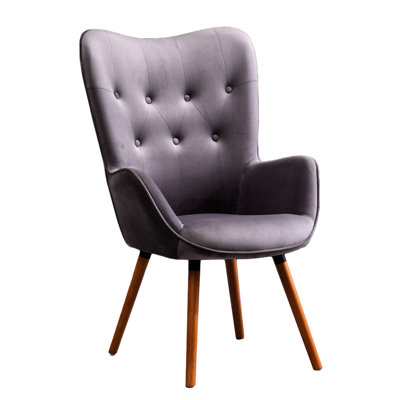 Intriguing Gray Velvet Button Back Armchair With Solid Wood Formation Gorgeous Chair Legs