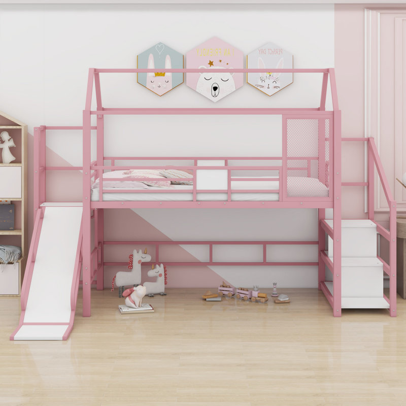 Lit mezzanine House avec glissade et escalier, lit de jeu en métal avec tablettes de rangement, Lit simple, Rose