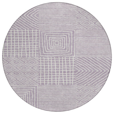 8' Lavender And Ivory Round Geometric Washable Indoor Outdoor Area Rug