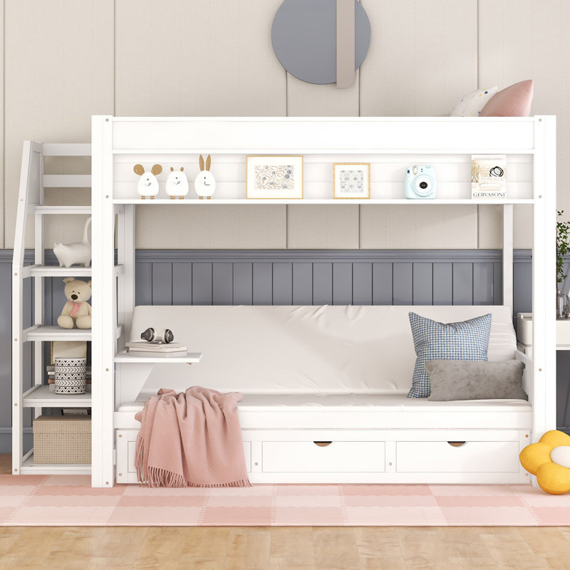 Lit superposé double en bois avec escalier de rangement, table de chevet et 3 tiroirs - Économie d'espace, Blanc