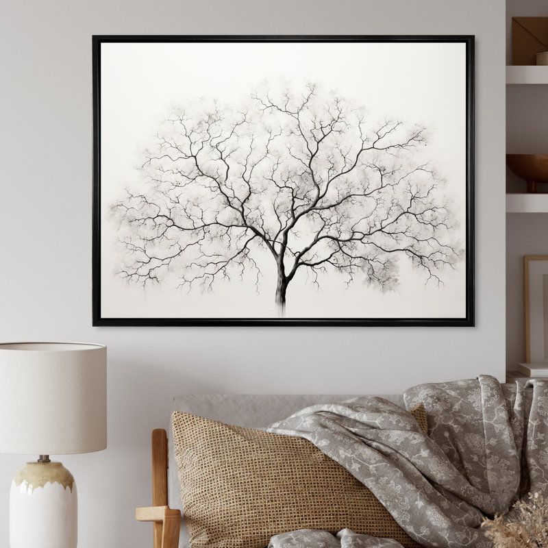 Érable blanc et gris minimalisme sur toile, Cadre flottant noir, H 16 po x l 32 po x P 1 po