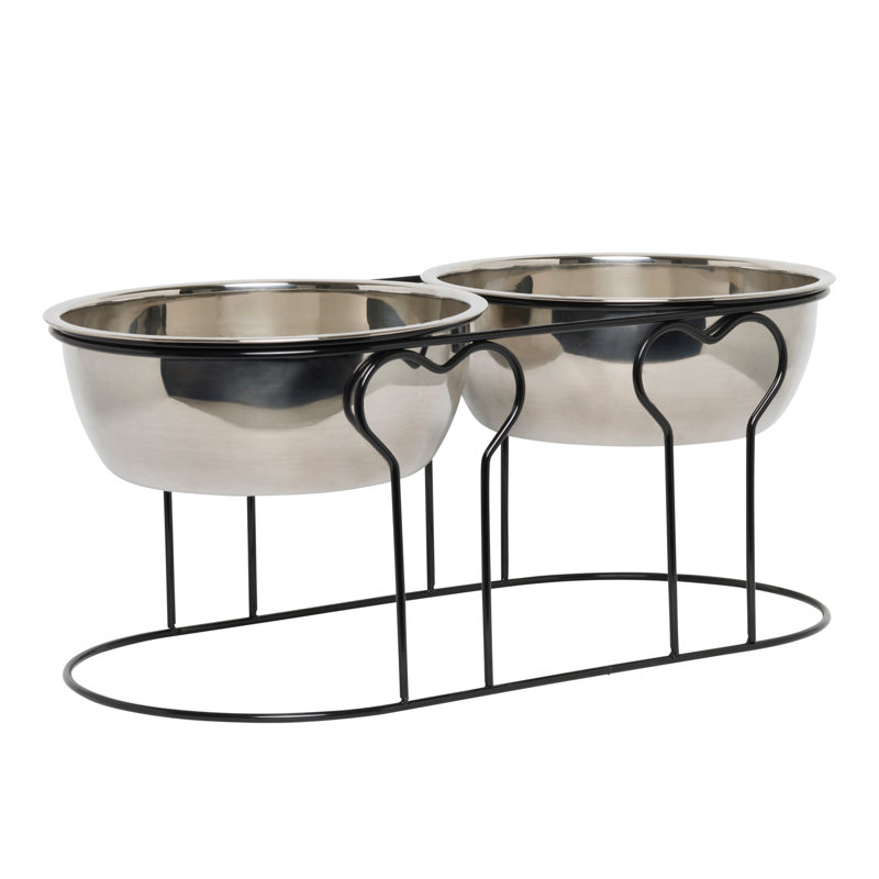 Gamelle double surélevée en fer forgé pour animaux deux bols Hulse, Moyen (H 7 po x l 17,5 po x P 8,25 po)