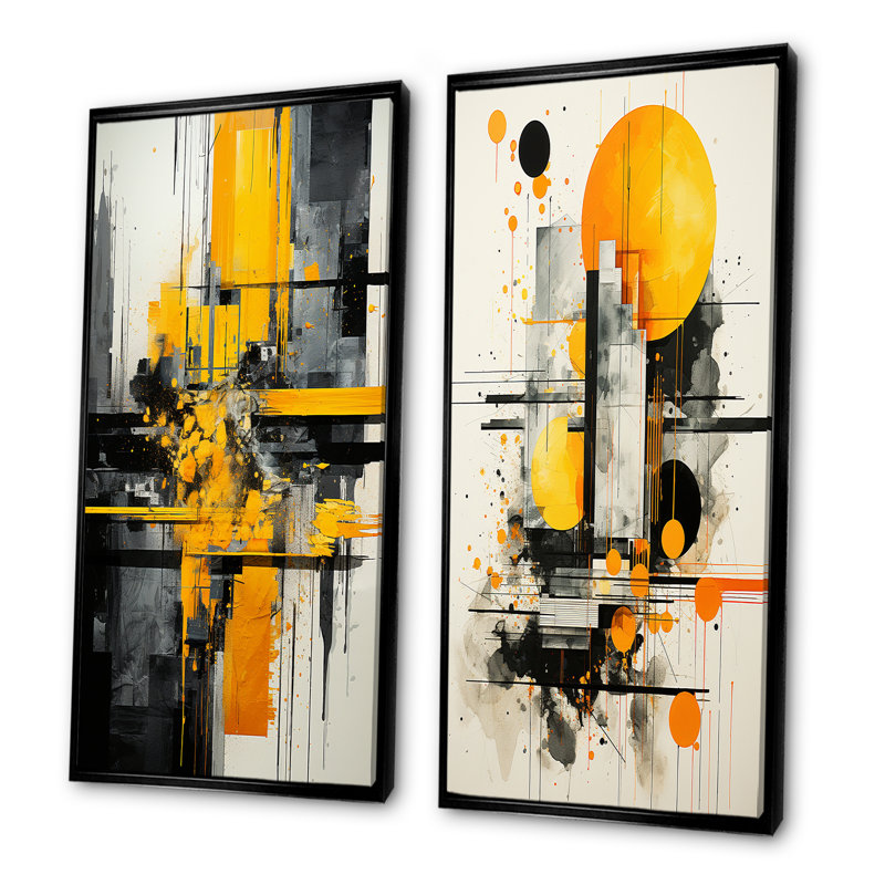 Collage géométrique jaune et noir II - ensemble de 2 reproductions de toiles abstraites, H 28 po x l 25 po, Cadre noir