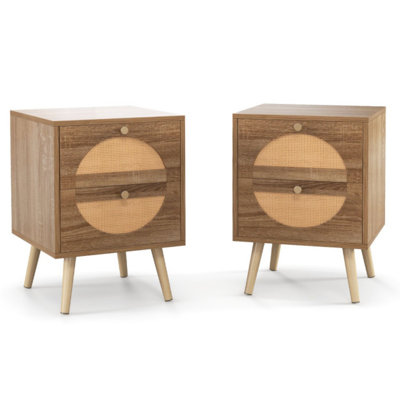 Ensemble de 2 tables de chevet en rotin avec 2 tiroirs et pieds en bois massif