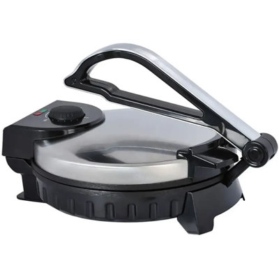 Machine à rotin, pain plat et tortilla Brentwood de 10 pouces avec surface antiadhésive, chaleur réglable, voyants lumineux d'alimentation, poignée froide au toucher et finition en acier inoxydable