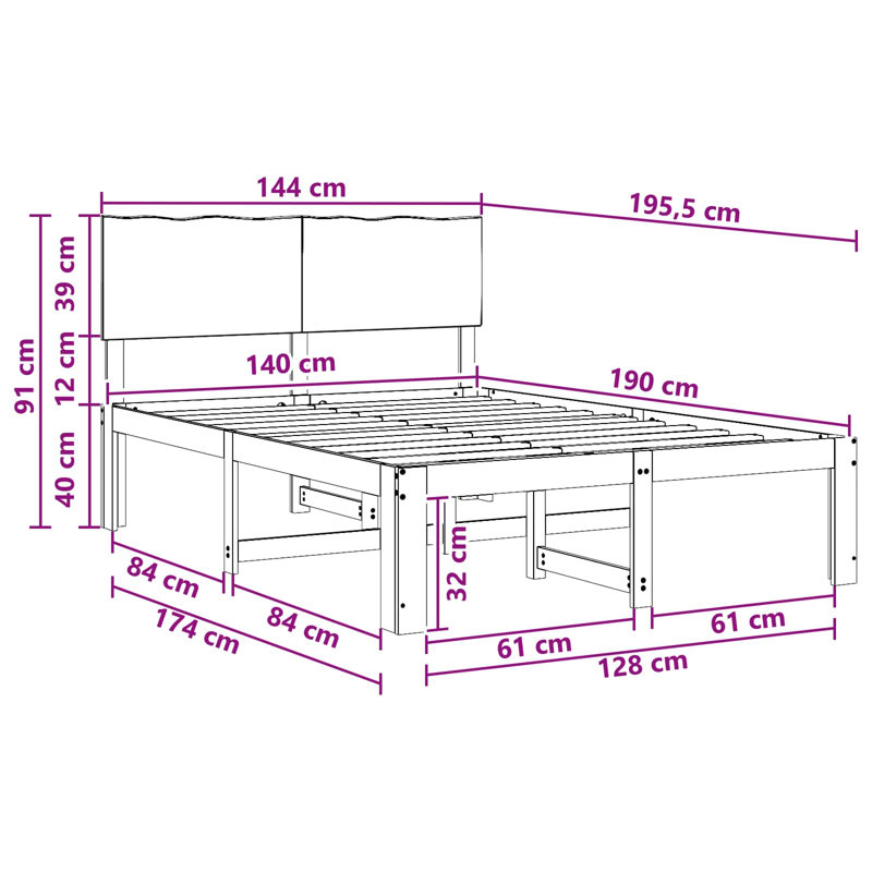 Solid Wood Bed Frame, European Double (140 x 200 cm), Natural