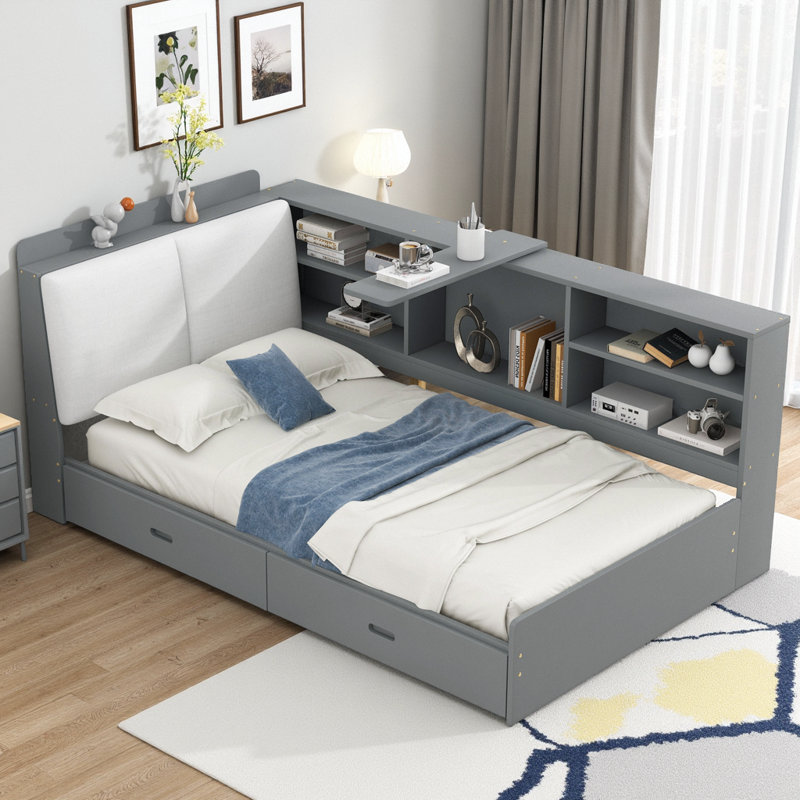 Lit plateforme tapissier multifonctionnel avec tablettes et 2 tiroirs, Gris, Lit simple