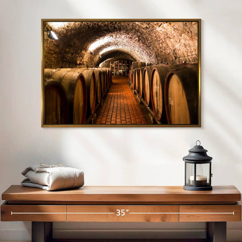 Barils de vin Winery, 25 po x 17 po, Cadre flottant doré