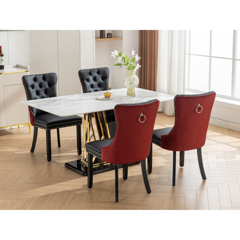 Chaises de salle à manger classiques de luxe, revêtues de PU et de velours, pieds en bois avec garniture cloutée, ensemble de 2, noir et bordeaux, SW2101BW. Chaises hautes modernes (lot de 2), revêtues.