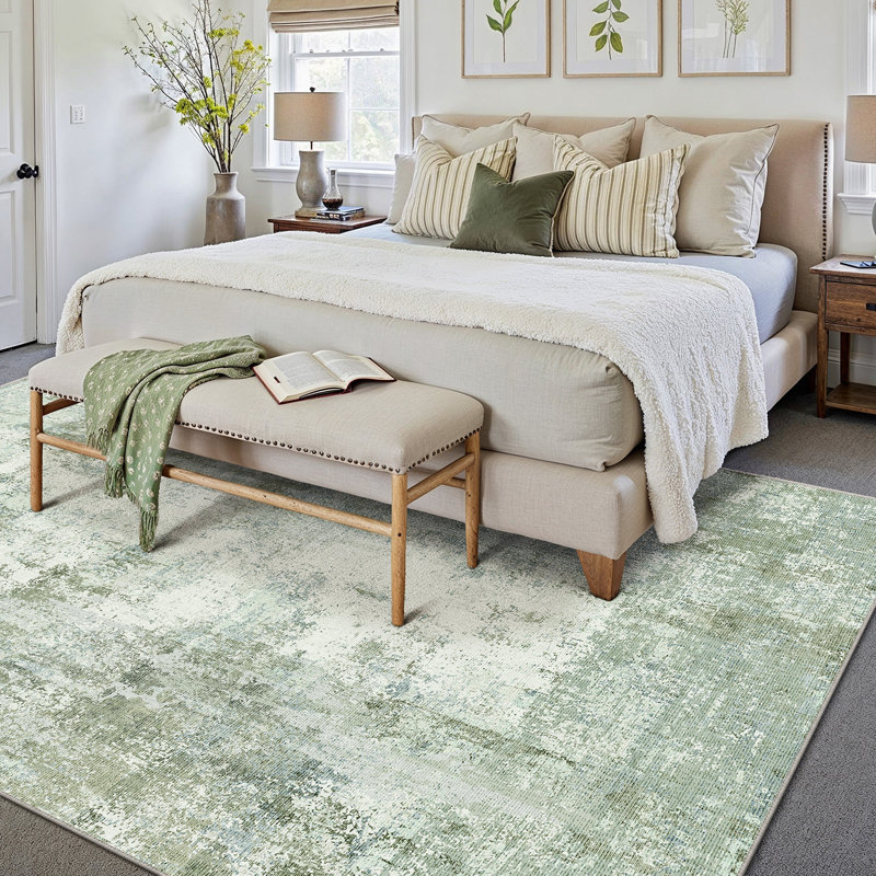 Tapis moderne lavable abstrait vert clair, Vert clair, Rectangle 9 pi x 12 pi
