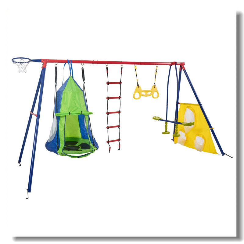 Rinbow Colour Interesting Four Function Swingset With Net Swing And Face To Face Metal Plastic Safe Swing Seat 550Lbs For Outdoor Playground For Age 3+