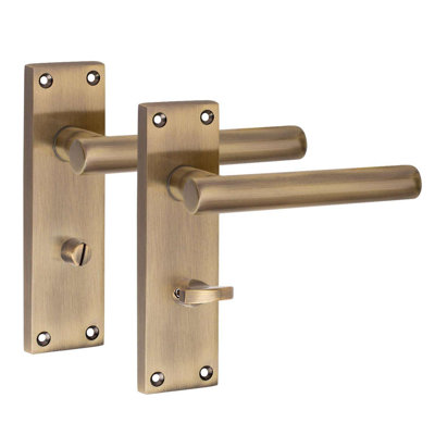 Golden Grace 1 Pair Victorian Straight T-Bar Bathroom Door Handle Antique Brass Metal Mortise Lock Set with Spindle and Fixing Screws - 150mm x 40mm