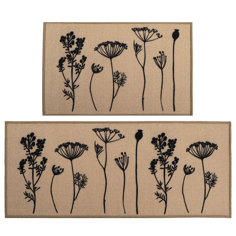 Tapis et tapis de cuisine Wildflowers antidérapants (2 pièces), Brun clair et noir