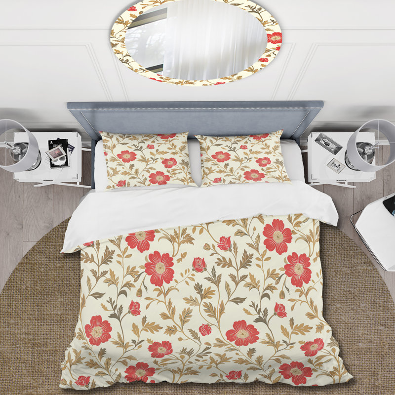 Red Beige Delicate Floral Dream - Ensemble de housse de couette à motif floral
