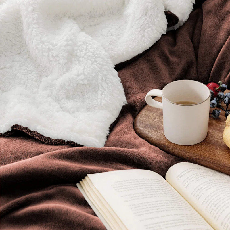Super Soft Sherpa Fleece Fur Thick Dual Sided Flannel Reversible Blanket Throw, Coffee, Super King 230cm x 270cm