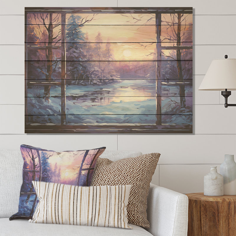 «Purple River Winter Windows II» - Paysage d'hiver sur bois, H 10 po x l 20 po x P 0,78 po