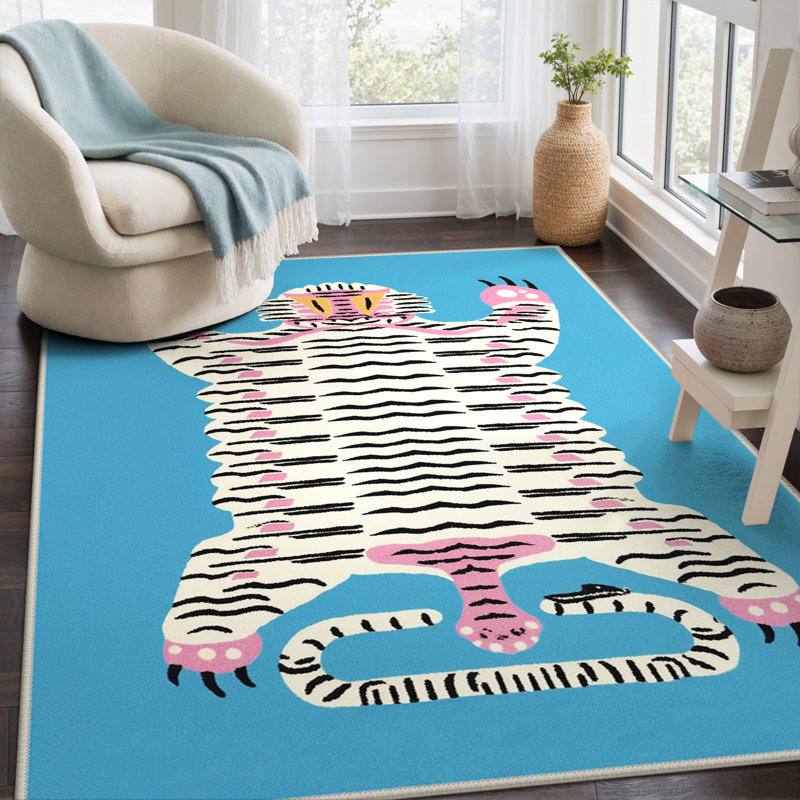 Tapis d'intérieur bleu / rose / beige lavable à la machine avec envers antidérapant Kai, Rectangle 9 pi x 12 pi