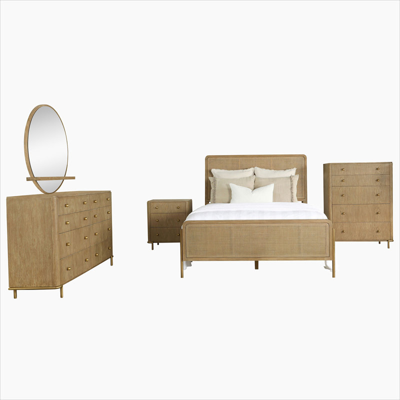 Natural Cane 5-piece Bedroom Set, Natural, Queen, 5 Pieces: Bed, Nightstand, Dresser, Chest, Mirror