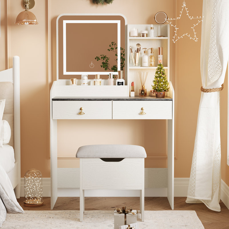 Makeup Vanity Desk with LED Lighted Mirror, 3-Color Lighting Modes, Storage Stool, Drawers & Shelves, Dressing Table for Bedroom