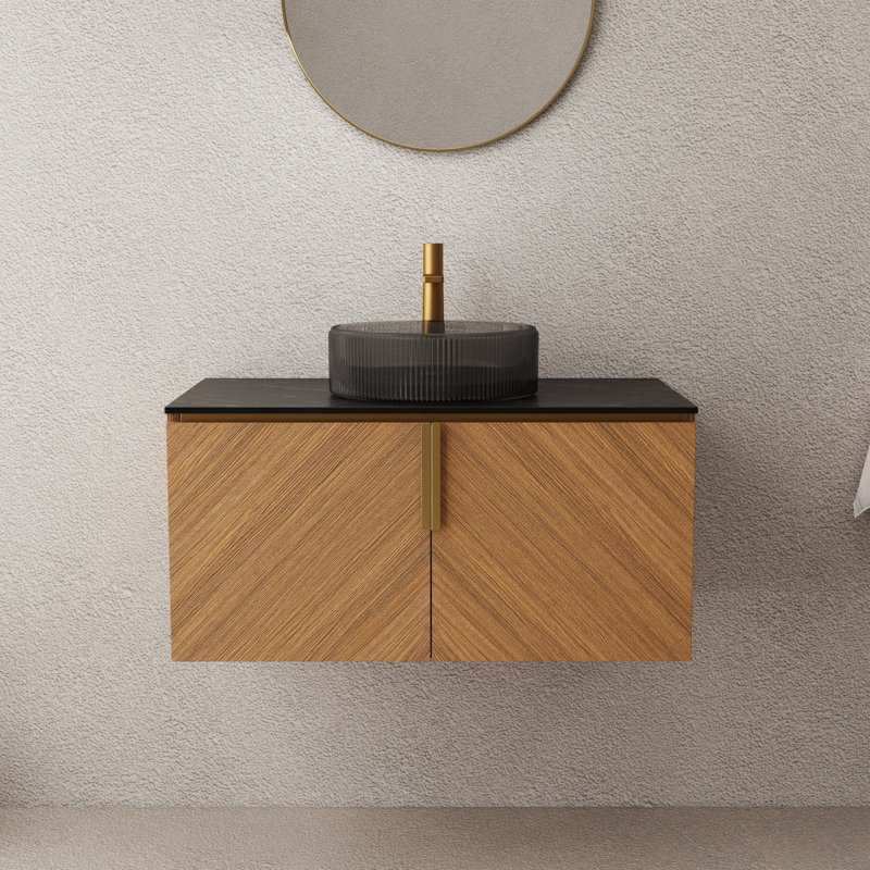 Meuble-lavabo mural 36 po avec portes doubles et lavabo en verre