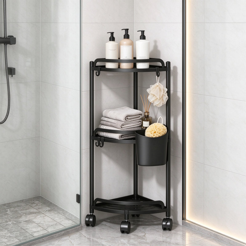 Rangement en coin pour tablettes de salle de bain sur pieds