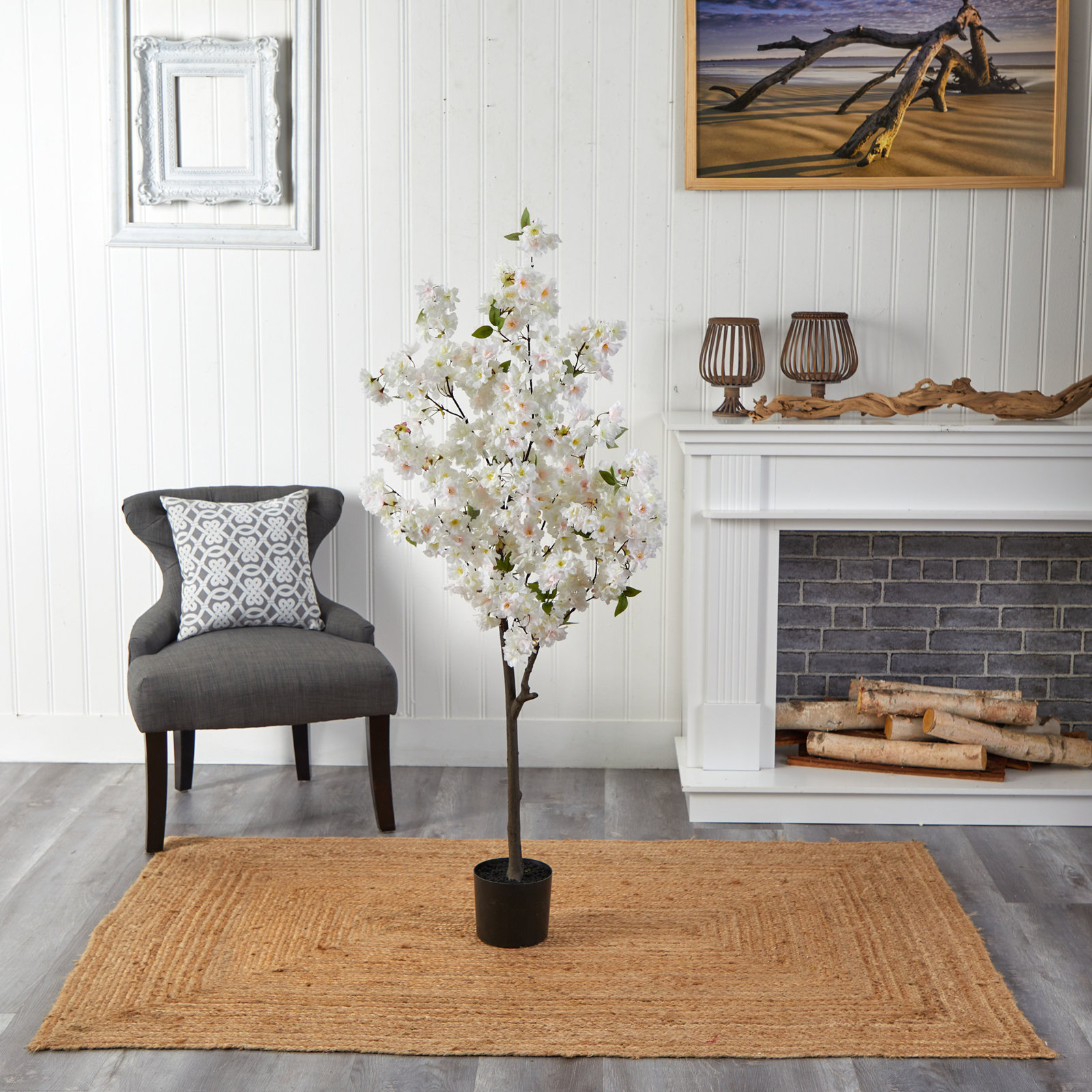 Faux Cherry Blossom Tree in Planter, White, 60" H x 24" W x 12" D