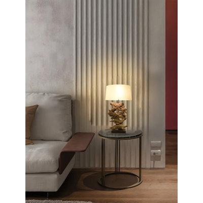 Lampe de table noire 1 lumière avec abat-jour en lin blanc et structure en bois