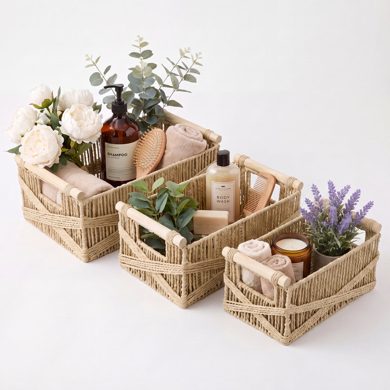 Ensemble de 3 paniers de rangement tissés en corde de papier avec poignées en bois, bacs de rangement