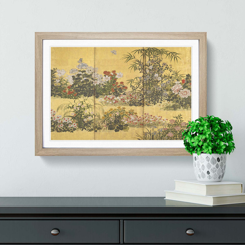 Flowers and Butterflies by Tawaraya Sotatsu - Framed Print, Oak Framed, 27cm H x 36cm W x 2cm D
