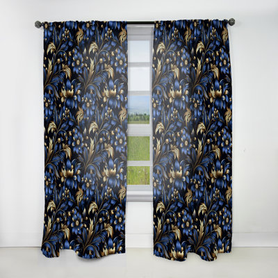 Gold And Blue Luxury Damask Serenade II - Bohemian Curtain - Velvet Room Darkening - 1 Panel
