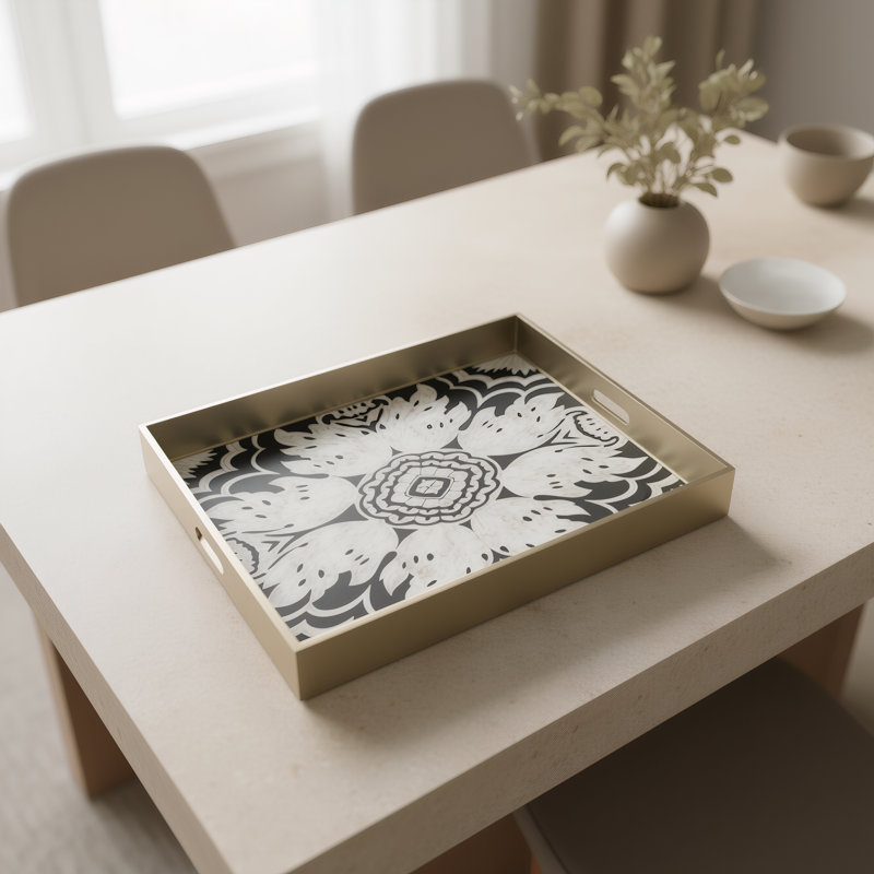 Reverse Painted Mirror Vanity Tray, Medium (2.6" H x 11" W x 15.8" L), Yellow