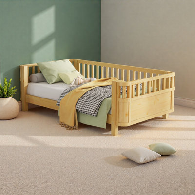 Lit plateforme simple en bois pour enfants, lit simple en bois à profil bas avec rails pour filles et garçons