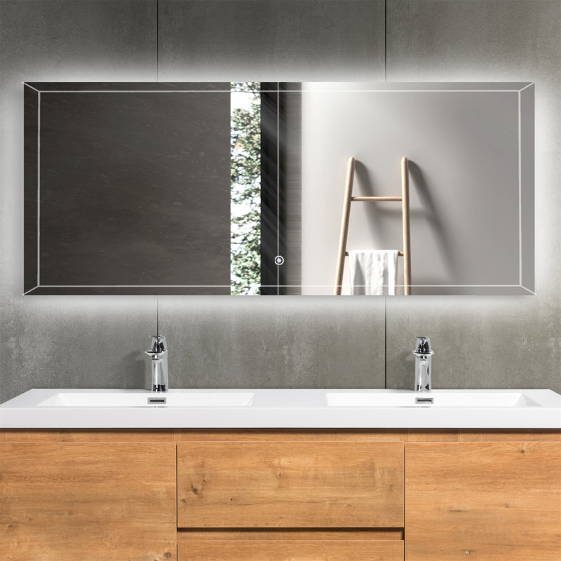 Miroir de salle de bain DEL à DEL, miroir de meuble-lavabo 59 x 30 po 8 000 K avec lumières, miroir de salle de bain étanche en alliage d'aluminium IP54 pour fixation murale, verre flotté CRI90