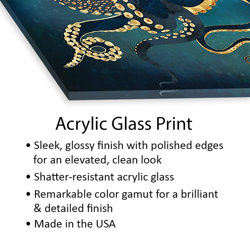 Pieuvre métallique imprimé iv sur verre acrylique, H 24 po x l 24 po x P 0,25 po