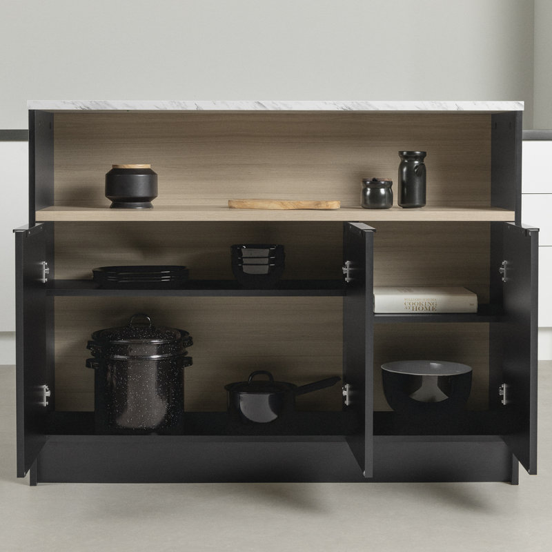 Îlot de cuisine Olio noir mat et faux marbre blanc