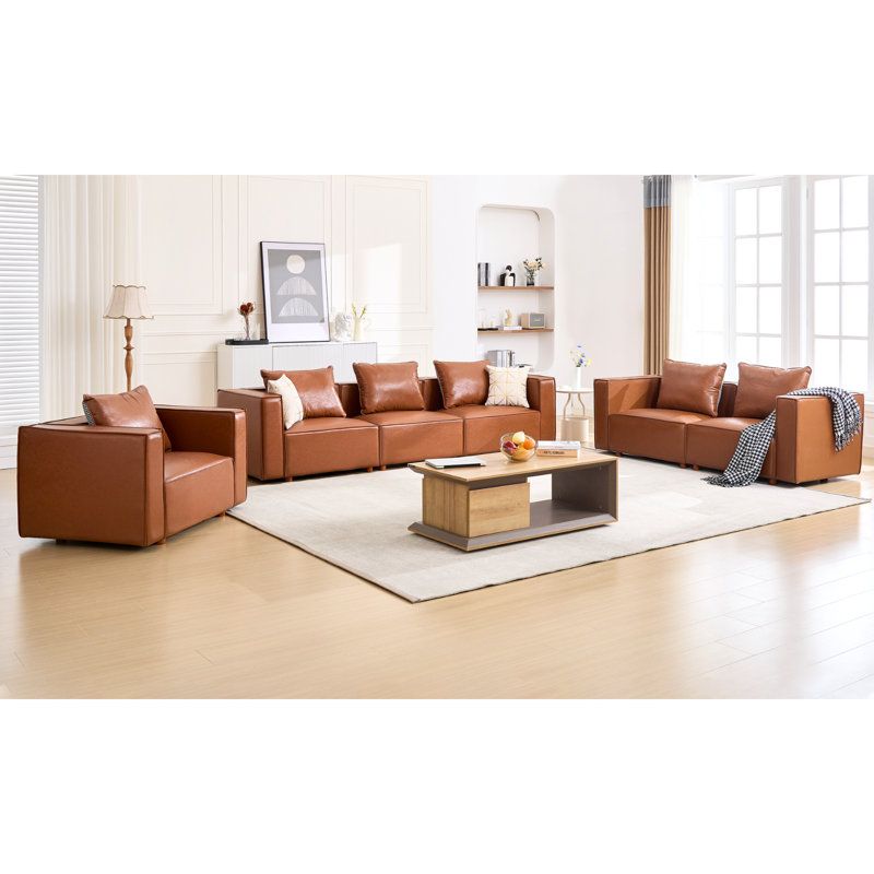 Ensemble de salon configurable en cuir végétalien, Brun