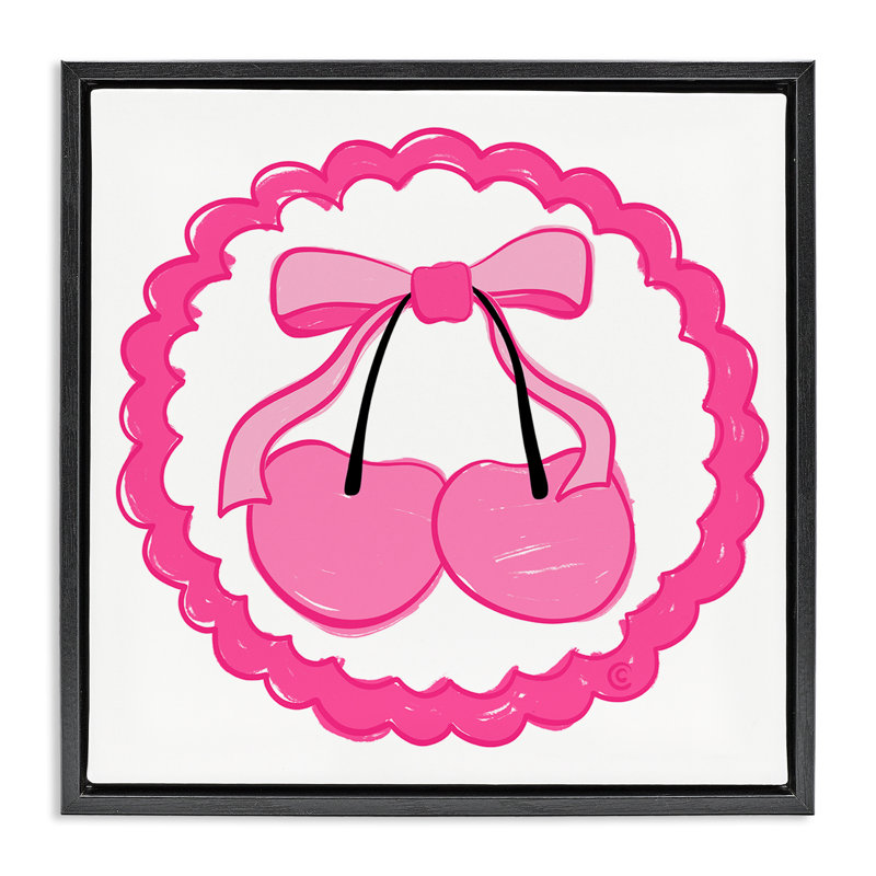 Art mural sur toile "Pink Cherries & Bow Floater" par Carrie Cantwell, Cadre flottant noir de jais, H 18 po x l 18 po