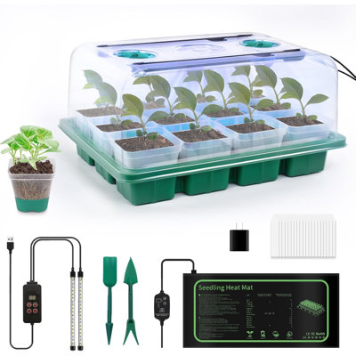 12-Cell Seed Starter Kit with Graphene Heat Mat & Full Spectrum Grow Lights, Indoor Seedling Propagation Tray with Adjustable Humidity Dome