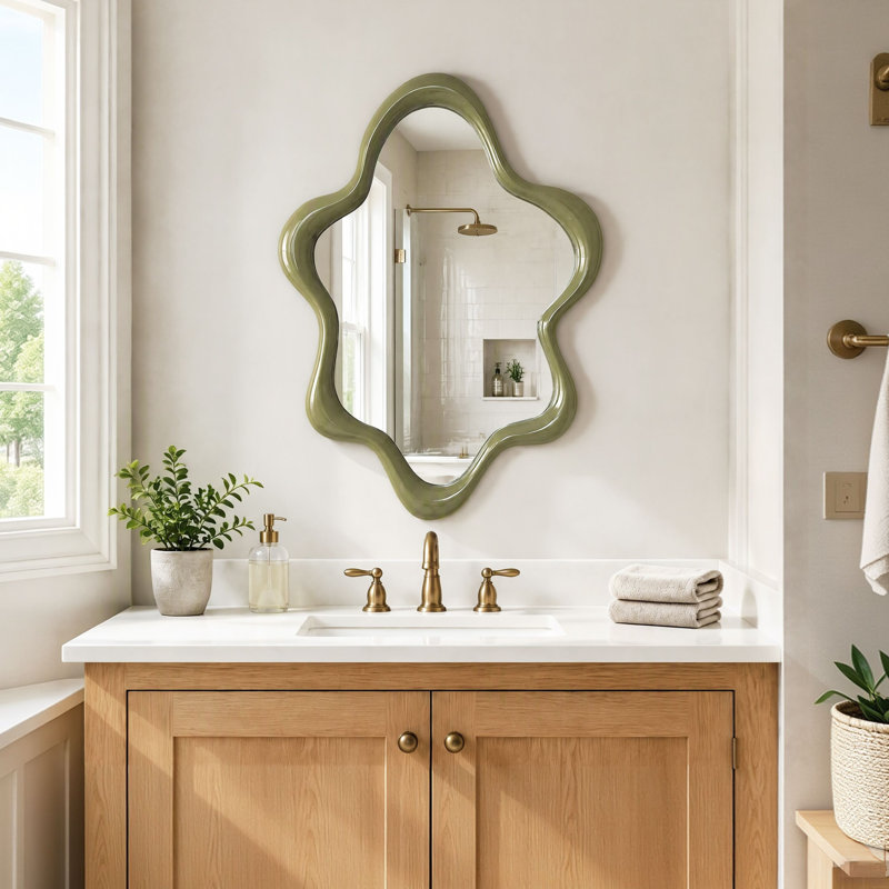35.4" Irregular Wall Mirror with Glossy Olive Green Wavy Frame