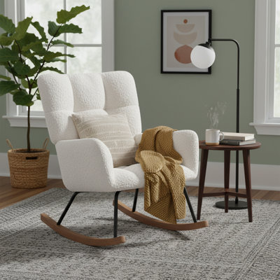Chaise berçante rembourrée Lounge, dossier haut, tissu doux blanc cassé, pour lire, faire la sieste et se détendre