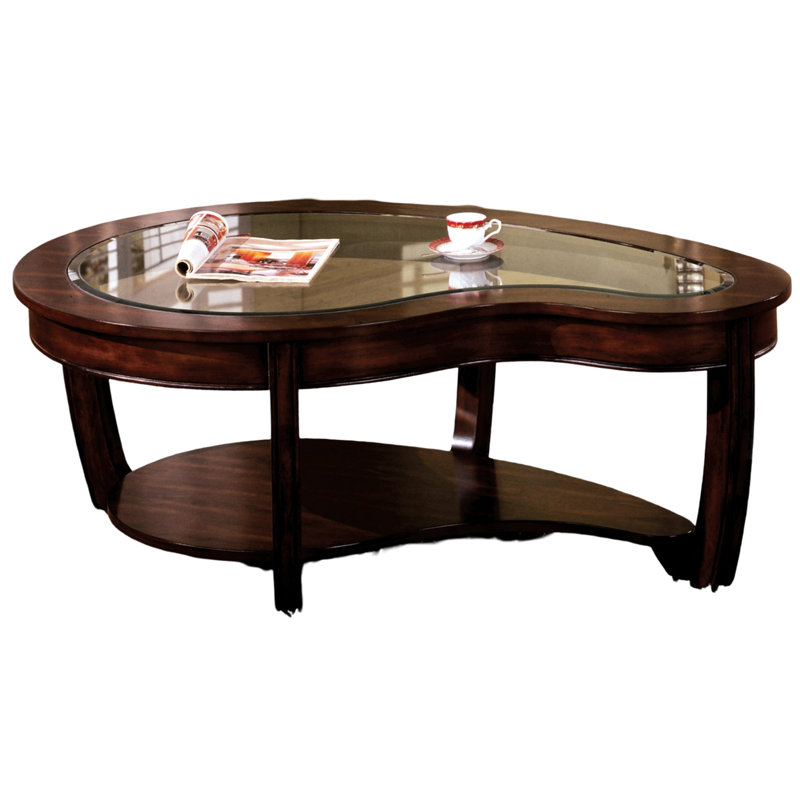 Table basse classique en cerisier foncé avec tablette ouverte et insert en verre biseauté